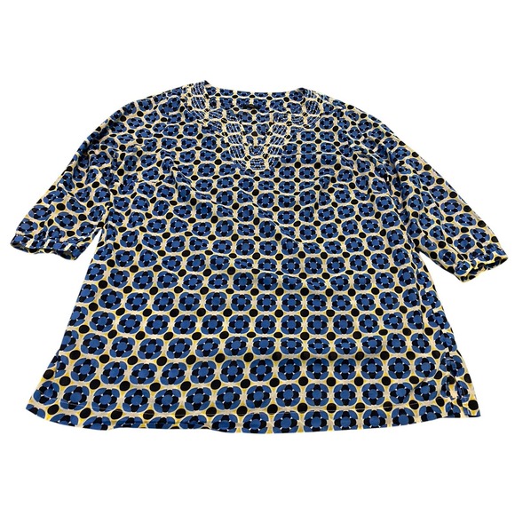 Talbots Tops - Talbots Woman 1X Top Blouse 100% Cotton Geometric Notch Neck Embroidery